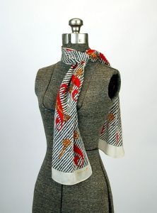 1980s Echo scarf silk scarf long scarf keys and scrolls black white red gold designer scarf - Fashionconstellate.com