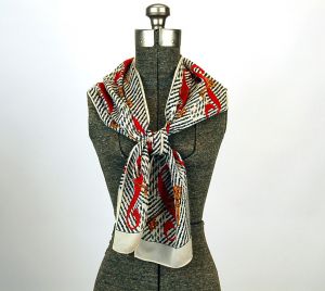 1980s Echo scarf silk scarf long scarf keys and scrolls black white red gold designer scarf