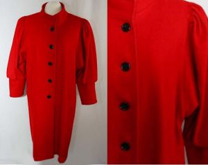 Size 20 Fabulous Red Wool Coat with Leg-O-Mutton Sleeves - 1980s Modernist Overcoat with Victorian