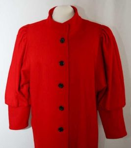 Size 20 Fabulous Red Wool Coat with Leg-O-Mutton Sleeves - 1980s Modernist Overcoat with Victorian - Fashionconstellate.com