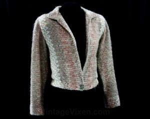 Size 10 Hazy Beige & Sage 1980s Jacket - Medium - Neutral Zig Zag Faux Mohair Knit Cardigan 