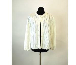 1960s cardigan sweater pointelle knit white sweater Size M/L