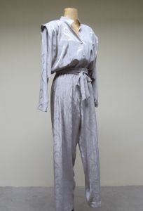 Vintage 1980s Silver Moonage Daydream Jumpsuit, 80s Pearl Gray Jacquard Glam Rock Disco Jumpsuit - Fashionconstellate.com