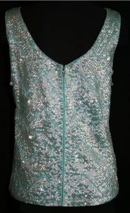 Large 1960s Beaded Cocktail Top with Sequins & Fringe - Size 12 Robin's Egg Blue Sleeveless Shell  - Fashionconstellate.com