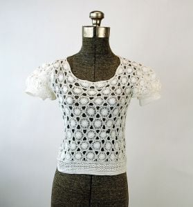 Vintage crochet top sweater white short sleeved sheer lace Size XS