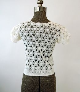 Vintage crochet top sweater white short sleeved sheer lace Size XS - Fashionconstellate.com