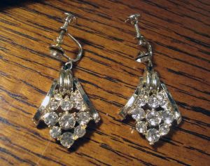 Rhinestone Dangle Earrings Vintage 50s Earrings Screw Back Wedding Prom