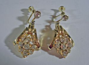 Rhinestone Dangle Earrings Vintage 50s Earrings Screw Back Wedding Prom - Fashionconstellate.com