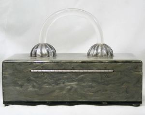 1950s Gray Lucite Handbag - Lewsid Jewel by Llewellyn - Rare 50s Box Bag - Modernist Marbleized Grey - Fashionconstellate.com