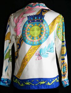Size 6 Designer Shirt - 1960s Oleg Cassini Suns & Eagles Scarf Print Silk Top - Posh High End  - Fashionconstellate.com