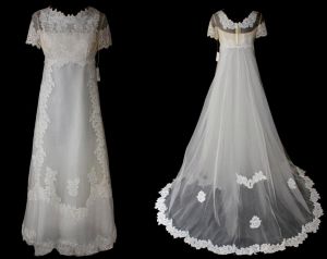Size 8 Wedding Gown - Antique Style 1960s Net Bridal Gown with Lace & Tucks Motif - Wedding Dress 