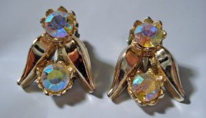 Vintage Rhinestone Earrings 1960's Aurora Borealis Bugs or Flowers Clip On