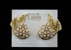 Glam 1950s Earrings - Wing Like - Faux Pearls & Rhinestones - Goldtone Metal Leaves - Celebrity 