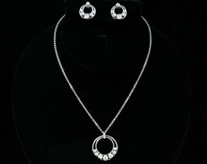 Silver Crescent Necklace & Earrings - 1950s 1960s Elegant Modern Demi Parure - Rhinestone Circles 