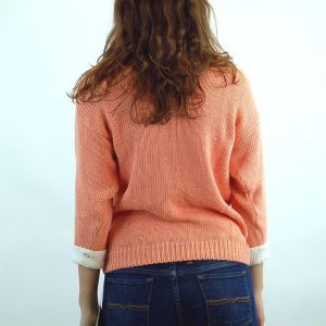 1980s sweater peach knit top with white bow NOS New old stock batwing sleeves pearl buttons  - Fashionconstellate.com