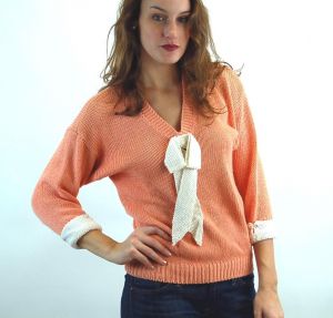 1980s sweater peach knit top with white bow NOS New old stock batwing sleeves pearl buttons 
