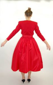 1980s red Christmas dress taffeta skirt wool top rhinestone belt formal dress full skirt Size M - Fashionconstellate.com