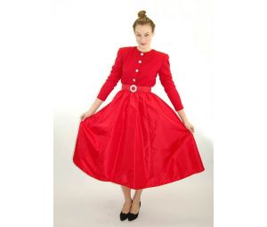 1980s red Christmas dress taffeta skirt wool top rhinestone belt formal dress full skirt Size M