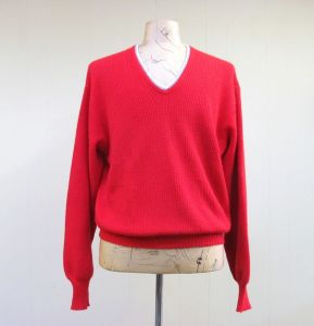 Vintage 1960s Sweater, 60s Red Acrylic V Neck Pullover, Extra Large 50 Chest