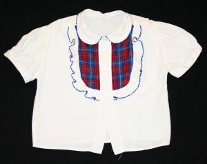 FINAL SALE Girls 1950s White Shirt - Size 3T - Blue & Red Plaid Trim - Short Sleeved 50s Girl's Top 