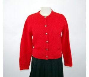 Vintage Shetland wool cardigan 1980s red Christmas sweater metal buttons Robert Scott Ltd Size M