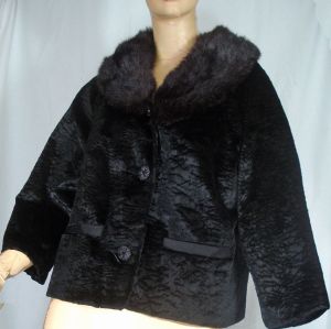 Vintage 50s Black Velvet Coat w/Mink Fur Collar Cropped Wedding/Evening Jacket Styled by Winter - Fashionconstellate.com