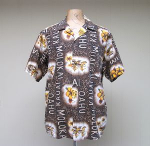 Vintage 1960s Mens Hawaiian Shirt, 60s Brown Cotton Aloha Shirt, Islands, Volcanoes Surfers Flowers