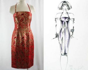 Size 4 Designer Cocktail Dress - Metallic Red & Black Paisley Brocade - Strappy Fitted Party Dress