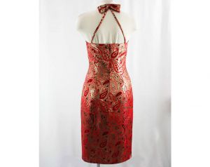 Size 4 Designer Cocktail Dress - Metallic Red & Black Paisley Brocade - Strappy Fitted Party Dress - Fashionconstellate.com