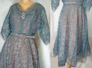Vintage 50s Party Dress and Slip Sheer Gray Blue Lace Belted Cocktail Gown Short Wedding Dress