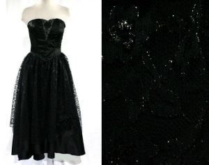 Size 2 Strapless Dress - 1950s Inspired Black Satin & Lace Cocktail - XS Sexy Boned Bodice