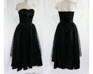 Size 2 Strapless Dress - 1950s Inspired Black Satin & Lace Cocktail - XS Sexy Boned Bodice - Fashionconstellate.com