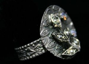 FINAL SALE Marcasite Embossed Metal Ring - Adjustable Size 5.5 to 6.5 - 1960s Silvertone Metal  - Fashionconstellate.com