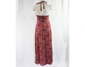 Size 6 Deco Print Burgundy Halter Dress - Gypsy Disco Chic - Young Innocent - 1930s Inspired 1970s  - Fashionconstellate.com