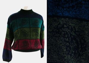 Size Large 80s Paisley Pullover - 1980s 90s Sweater - Teal Blue Pink Olive Green Navy & Black 