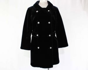 Size 10 Faux Fur Coat - Plush Black 1960s Mod Chic Overcoat - Medium Double Breasted 60s Outerwear 