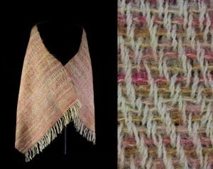 Large Pink Mohair Shawl - Hand Woven Azalea Cream & Sandy Beige Woolly Yarns - Rectangular Shape 