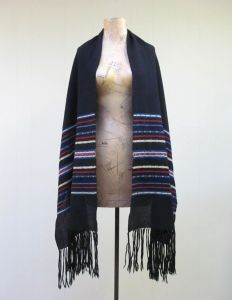 Vintage 1960s Black Wool Fringed Shawl, Striped Ethnic Tribal Woven Wrap