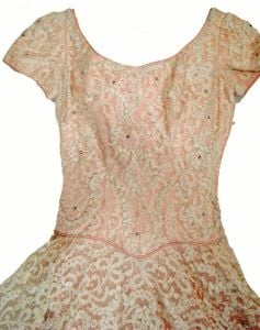 Vintage 1950s Party Dress Beige Lace Rhinestone Trim Tea Length Prom Dress Circle Skirt - Fashionconstellate.com