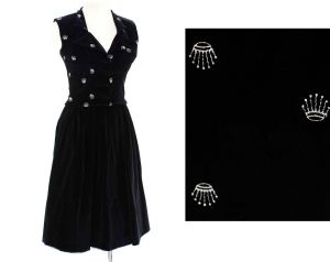 Size 4 Princess Dress - Small 1950s Two Piece Set - Novelty Crown Embroidery - 50s Black Velveteen