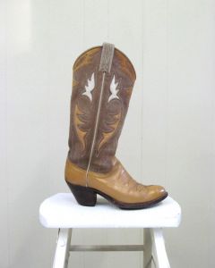 Vintage 1980s Dan Post Cowboy Boots, 80s Tan Rough-out Suede and Leather Inlay Western Boots - Fashionconstellate.com