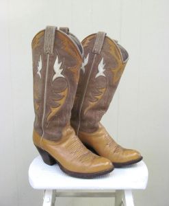 Vintage 1980s Dan Post Cowboy Boots, 80s Tan Rough-out Suede and Leather Inlay Western Boots