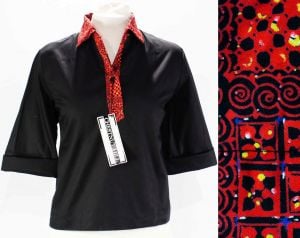 Size 14 Black Shirt with Red Collar - 1960s Preppy Casual Top - Polished Cotton & Primitive Print 