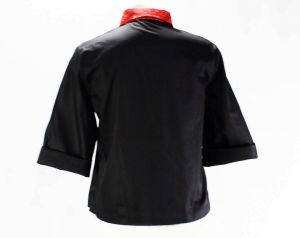 Size 14 Black Shirt with Red Collar - 1960s Preppy Casual Top - Polished Cotton & Primitive Print  - Fashionconstellate.com