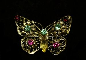 Antique Style Butterfly Pin - Victorian Style 1950s Brooch - Spring - Bejeweled Red Green Pink