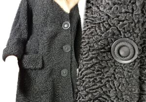 Vintage 50s Curly Lamb Coat Black Astrakhan Karakul w/Honey Mink Collar & Matching Scarf | XL - Fashionconstellate.com
