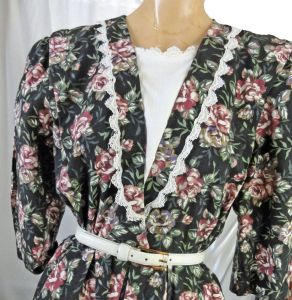 Vintage 1980s Dress Puffy Sleeves Cottagecore Black and Pink Rose Print by Miss Dorby | L - Fashionconstellate.com