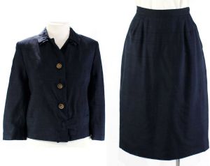 Size 8 50s Suit - 1950s Navy Silk with Wonderful Metal Daisy Flower Buttons - Dark Blue Tailored - Fashionconstellate.com