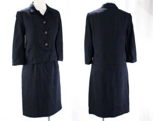 Size 8 50s Suit - 1950s Navy Silk with Wonderful Metal Daisy Flower Buttons - Dark Blue Tailored