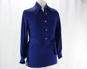 Size 8 1960s Shirt - Purple Blue Crepe 60s Tunic Top - Full Bishop Sleeves - 60's TV Sitcom Style La
